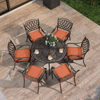 PURPLE LEAF Patio Dining Set Cast Aluminum 7-Piece Patio Furniture Set with 6 Dining Armchairs and 47" Round Table, 6 Cushions Included, for Lawn Yard Garden, Rhombic Brick Red Outdoor Dining Set