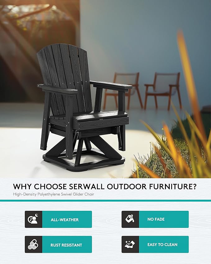 SERWALL Adirondack Swivel Glider Chair, HDPE Swivel Glider Set of 2 for Outdoor, All-Weather Glider Chair for Porch, Balcony, Midnight Black