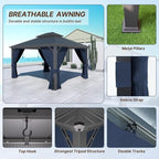Gotland 12' x 14' Navy Hardtop Gazebo with Curtains and Netting, Double Roof Iron Metal Pergola for Patio, Garden, Lawn