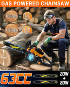 63cc Gas Powered Chainsaw 20 Inch, 3.2KW 2-Stroke Engine, Heavy Duty Gas Chain Saw with 2 Chains & 2 Bars, Automatic Oiler, Anti-Vibration Handle for Logging, Firewood & Tree Cutting