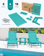 SERWALL Patio Chaise Lounge Chair Set of 2, 78'' Long 5-Positions Adjustable HDPE Outdoor Lounge Chair for Pool, Poly Lounge Chair with Rolling Wheels & Cup Holder for Poolside, Deck, Aqua Blue