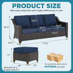 3 Pieces Outdoor Conversation Furniture Set - 77" Patio Sofa, 2 Rattan Wicker Ottomans, Patio Wicker Couch Set with Water-Resistant for Sunroom, Deck, Porch (Navy Blue)