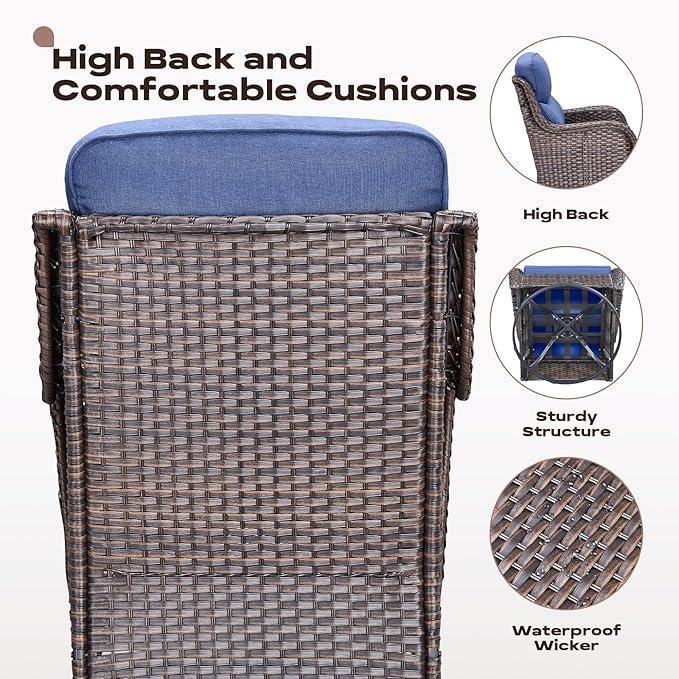 Rilyson Wicker Outdoor Patio Furniture Set - 4 Piece Patio Conversation Set with Swivel Rocker Chairs and Ottomans, 6 inch Cushions, High Back, Deep Seating, for Porch Deck Garden Brown/Blue