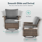 5 Pieces Wicker Patio Furniture Set - Hollow Widen Armrests Outdoor Swivel Glider Chairs and 3 Seat Sofa with Coffee Table & Side Table for Balcony Porch Deck and Yard - Brown/Gray
