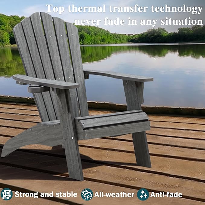 Psilvam Oversized Adirondack Chair, Fade-Resistant & Odor-Free Poly Lumber Fire Pit Chairs with Cup Holder, Weatherproof Outdoor Chair, Easy 15 Min Install Patio Chair, 350 Lbs Support (2, Gray)