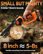 8 inch Mini Chainsaw Cordless with 2x3.0AH Batteries - Powerful Brushless Electric Handheld Small Chain Saw for Wood Cutting, Tree Trimming & Branch Cutting, Auto Oiler & Tool-Free Tensioner