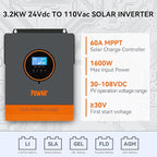 PowMr Solar Inverter 3200W 24VDC to 110VAC, 3.2KW Pure Sine Wave Inverter Bulit-in 60A MPPT Controller and with 40A AC Charger, Max.PV Input 1600W 108V, fit for Lead-Acid and Lithium Battery