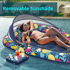 3-in-1 Pool Floats with Canopy Cup Holder, Large 73" x 48" Pool Floats Adults Heavy Duty, Inflatable Lounger Raft Floating Chair with Backrest, Swimming Pool Lake Beach Pool Party