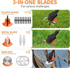 24V Electric Weed Wacker, Cordless String Trimmers with 2 Batteries & Charger, 3 in 1 Stringless Brush Cutter/Weed Eater/Edger/Lawn Mower with 3 Types Blade & Wheels for Garden and Yard Lawn