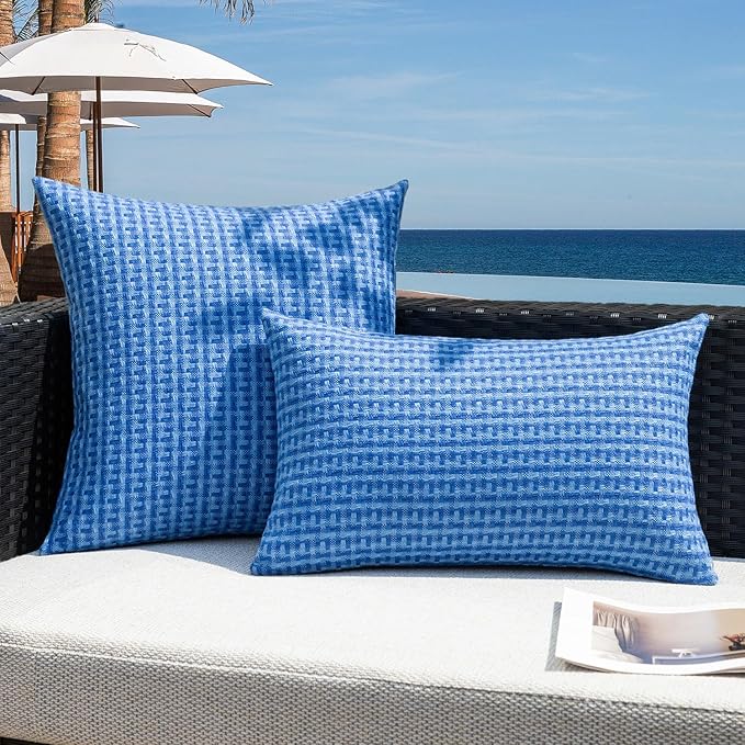 Kevin Textile Outdoor Waterproof Throw Pillow Covers Pack of 2 Farmhouse Decorative Cushion Covers for Garden Patio Tent Balcony Bench Couch Sofa 22x22 Inch, Blue