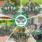 47'' Heavy-Duty Metal Picnic Tables with Umbrella Hole, Outdoor Steel Heavy Duty Commercial Grade Black Table, Outdoor Bench Set for Lawn, Patio, Park, Yard, Garden, Porch (Set B, Round)