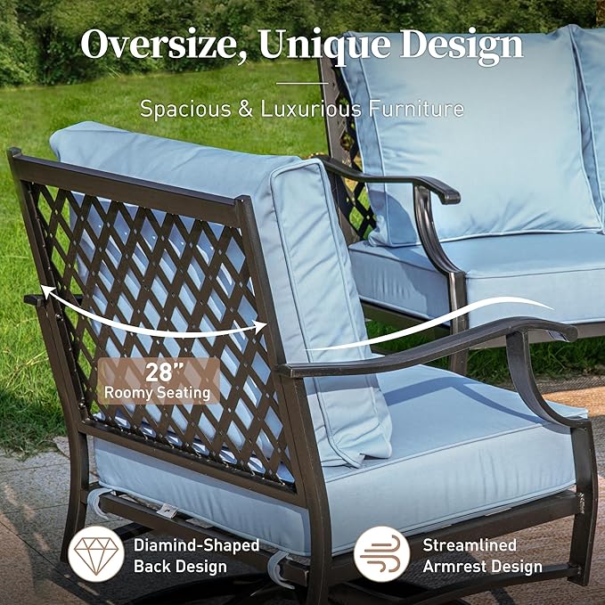 5 Piece Metal Outdoor Patio Furniture Set, Patio Conversation Sets 1 3-seater Sofa, 2 Fixed Chair, 2 Ottomans with 5.75" Thick Cushion, Black All-weather Frame Backyard Furniture, Blue