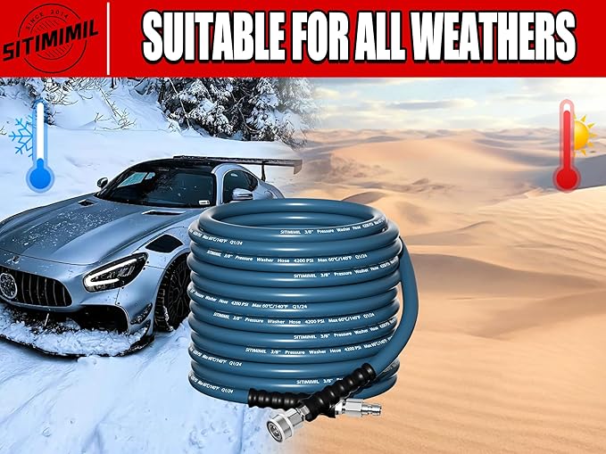 3/8'' Pressure Washer Hose 100FT - Kink Resistant Steel Wire Braided, Wear Resistant, 3/8" Stainless Steel Quick Connect, with M22 14mm Adapter Set, Hot and Cold Water Power Washer Hose, 4200 PSI