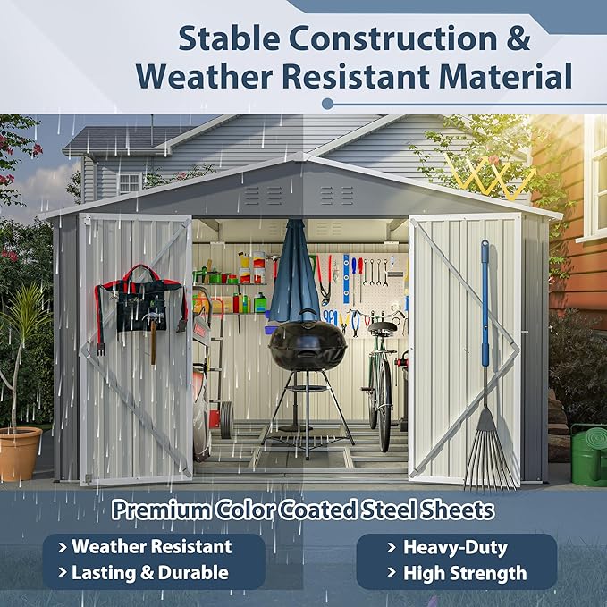 10X8 FT Outdoor Tool Storage Shed with Metal Foundation & Lockable Doors, All Weather Metal Sheds for Garden, Patio, Backyard, Lawn, Gray