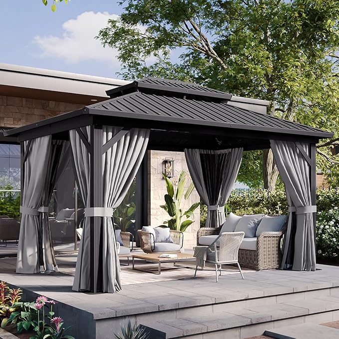 Aoxun 10' X 12' Hardtop Gazebo, Aluminum Metal Outdoor Gazebo with Galvanized Steel Double Roof, Permanent Patio Pavilion with Breathable Netting and Curtains for Dining, Wedding, Party