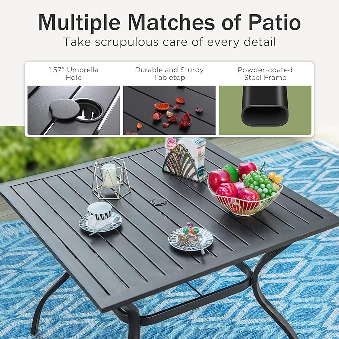 PHI VILLA 5 Pcs Outdoor Patio Dining Set with 10 Ft Umbrella(Beige), Patio Table and Chairs Set for 4 with Folding Patio Chairs (Blue) & Square Metal Outdoor Dining Table for Yard, Lawn and Outside