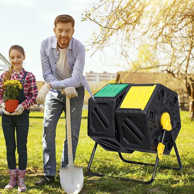 F2C Dual Chamber 37 Gallon Compost Tumbler All-Season Outdoor BPA Free Large Composter Bin w/ 2 Sliding Doors and Solid Steel Frame