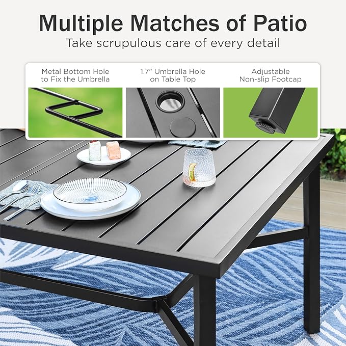 PHI VILLA 9 Pieces Outdoor Dining Set for 8, Rectangular Metal Table with Umbrella Hole & Stackable Wrought Iron Chairs, Large Dining Furniture for Patio, Deck, Yard, Porch