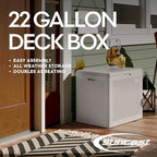 Suncast 22-Gal. Waterproof Resin Small Outdoor Patio Deck Box with Reeded Design, Modern Outdoor Patio Bench/Storage Box for Cushions, Garden Tools, and More, French Gray