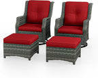 4 Piece Patio Furniture Set, 2 Swivel Glider Chairs and 2 Ottomans PE Wicker Footstool, Outdoors Rattan Conversation Set with Deep Seating and Olefin Cushions, for Backyard, Garden, Red