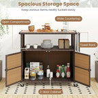 Tangkula Rattan Outdoor Storage Cabinet, Patiojoy PE Wicker Outdoor Cabinet with Acacia Wood Countertop, Open Compartment, Storage Shelf, Outdoor Bar with 4 Wheels for Garden Backyard Deck