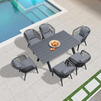 PURPLE LEAF 7 Pieces Patio Dining Set Wicker Outdoor Furniture Rectangular Table and Chairs Set for Garden Deck Aluminum Frame Backyard Kitchen Set, Cushions and Pillows Included Grey