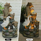 4-Tiers Cascading Outdoor Water Fountain, 31.9'' Tall Duck & Wooden Bucket Stump Waterfall Garden Fountains with LED Lights & Pump Water Feature Resin for Patio, Deck, Yard, Home Decor