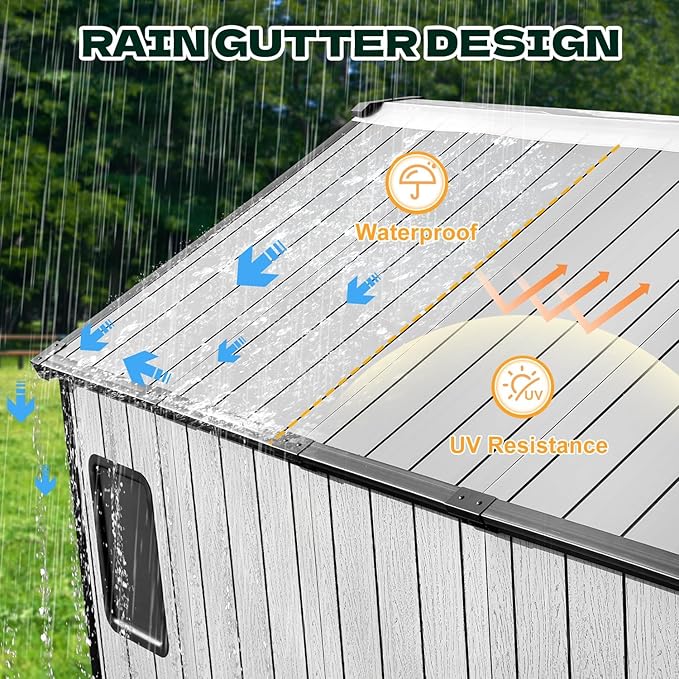 MELLCOM 8 x 6 FT Outdoor Plastic Garden Storage Shed with Floor, Resin Tool Storage Shed with Windows and Lockable Door for Patio, Lawnmower, Pool Supply, Bike