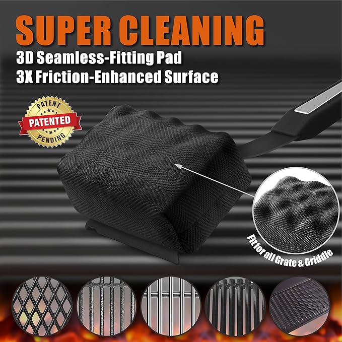 GRILLART Grill Brush Bristle Free. SteamWizards BBQ Replaceable Cleaning Head, Seamless-Fit Scraper Tools for Cast Iron/Stainless-Steel Grates Griddle, Safe Barbecue Grill Cleaner Brush-Dark Black