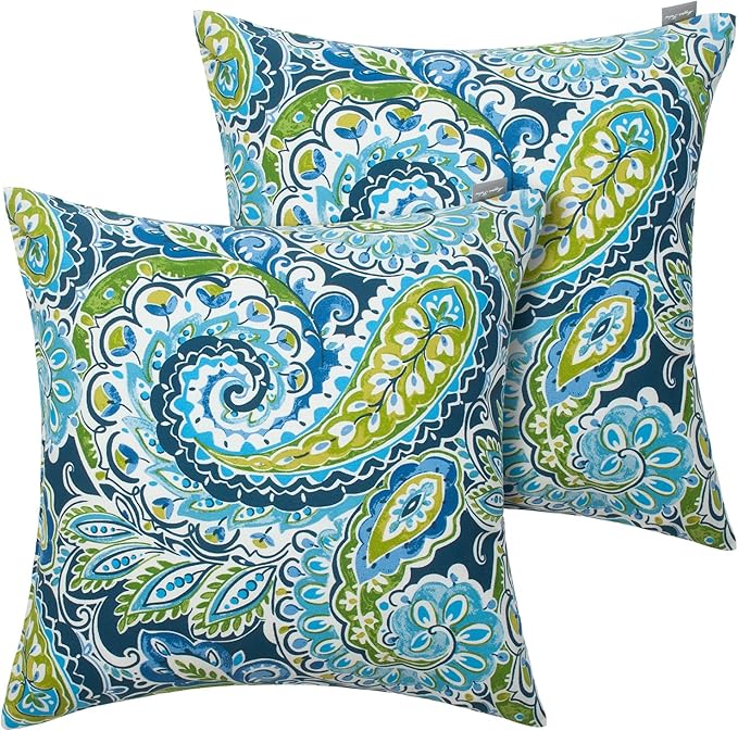 Magpie Fabrics Pack of 2 Indoor Outdoor Waterproof Throw Pillow Covers 18 x 18 Inch, Decorative Pillowcase Shell Cushion Sham for Garden Patio Tent Balcony Couch Sofa(Paisley Lapis Green)