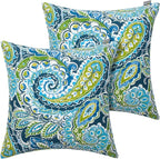 Magpie Fabrics Pack of 2 Indoor Outdoor Waterproof Throw Pillow Covers 18 x 18 Inch, Decorative Pillowcase Shell Cushion Sham for Garden Patio Tent Balcony Couch Sofa(Paisley Lapis Green)
