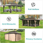 Domi 12' x 18' Hardtop Gazebo Permanent Metal Gazebo with Galvanized Steel Double Roof, Curtains and Netting for Party, Wedding, Outdoor Dining, Patio, Backyard, Brown