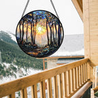 Stained Glass Window Hanging, Forest Sunrise Smoke Blue Brown Tree Suncatcher for Doors Window Home Landscape Sun Catchers Decor Mother's Day Birthday Gifts for Women, Men Mom 15 in