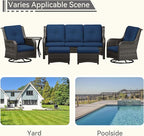 Wicker Patio Furniture Set 6 Piece, Outdoor Furniture Patio Conversation Set Includes 1 Three-Seat Sofa, 2 Swivel Rocker Chairs, 2 Ottomans and 1 Side Table,Blue