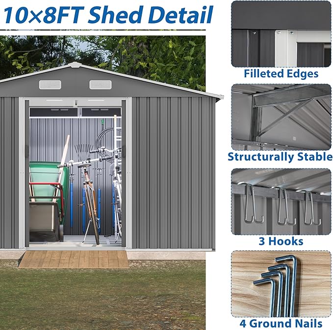 10X8 FT Outdoor Tool Storage Shed with Metal Foundation & Lockable Doors, All Weather Metal Sheds for Garden, Patio, Backyard, Lawn, Gray