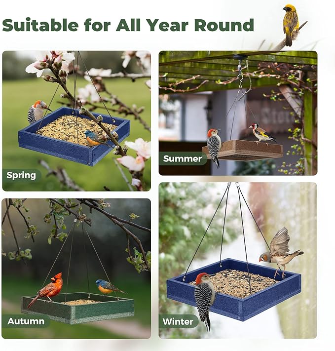 Kingsyard Platform Mealworm Bird Feeder for Outside, Recycled Plastic Hanging Tray Bird Feeders with Large Capacity 3.5 lbs, Premium Quality & Durable, Great for Attracting Wild Birds, Brown