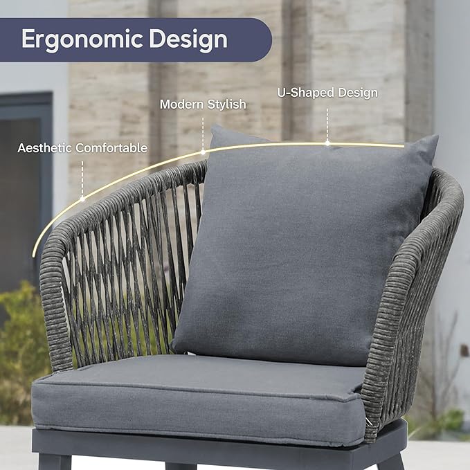 PURPLE LEAF 7 Pieces Patio Dining Set Wicker Outdoor Furniture Rectangular Table and Chairs Set for Garden Deck Aluminum Frame Backyard Kitchen Set, Cushions and Pillows Included Grey