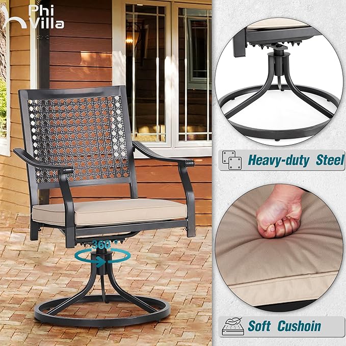 PHI VILLA Outdoor Modern Round Dining Table Set for 4 with Swivel Chairs, Patio Furniture Set of 5, Metal Circle Table with Umbrella Hole & Wrought Iron Chairs with Cushion Backyard