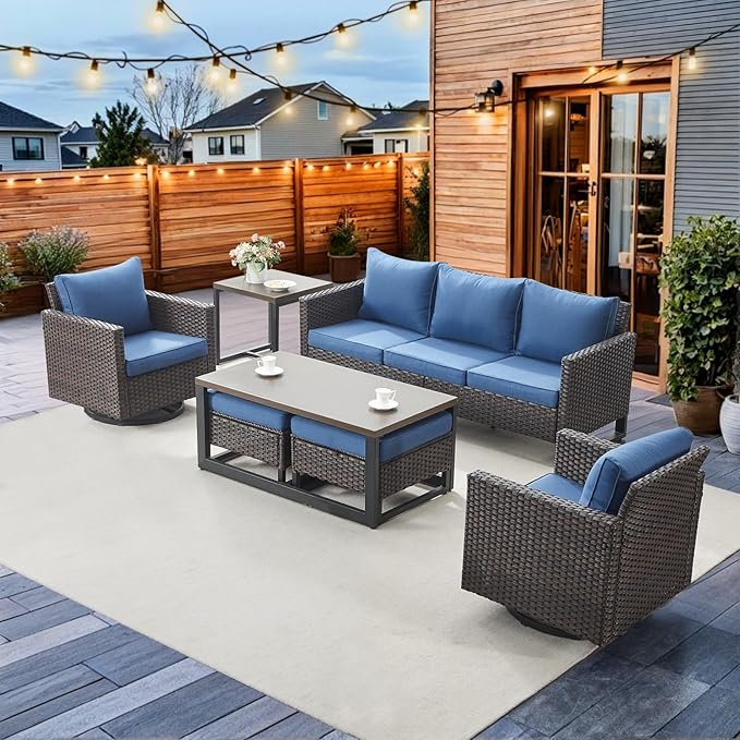 HUMMUH 7 Piece Patio Furniture Set Outdoor Sectional Sofa,High Back Patio Swivel Rocker Chairs with Ottomans Coffee Table for Porch,Garden,Backyard(Brown/Blue)