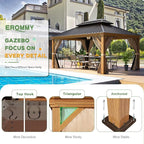 EROMMY 12x14 Gazebo, Wooden Finish Frame Gazebos with Galvanized Steel Roof for Patio & Backyard