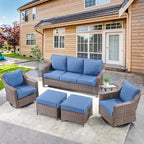 Outdoor Patio Wicker Swivel Chairs - Set of 2 Outside Resin Rattan Rocker Glider Gliding Chair Rocking Armchairs for Front Porch Balcony Backyard Yard Deck Poolside Apartment – Brown/Blue