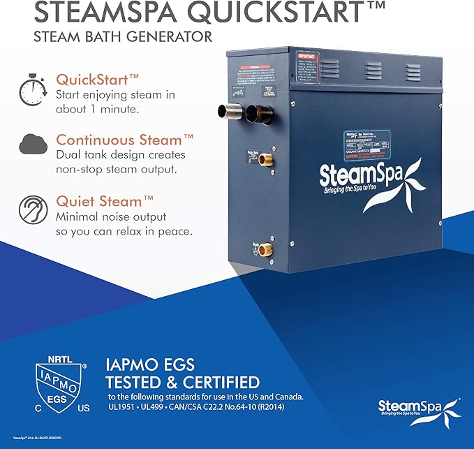 SteamSpa 4.5kW Steam Sauna Generator Executive Bundle 240V Steam Generator with Touch Pad, Steamheads, Pressure Relief Valve, Built-in Auto Drain, LED Light, Filter and Quick Install Kit EXT450OB-A