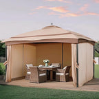 11x13 Gazebo for Patio, Gazebo with Curtains & Sandbags, Double Tier Roof Marquee Canopy for Garden, Deck, Backyard, Lawn (Khaki)-Netting not Included