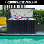 215-Gallon Outdoor Metal Storage Box, Weatherproof Deck Box with Wooden Texture, Multi-Purpose Garden Storage for Tools, Pool Accessories & Sports Gear, Patio Organizer with Tabletop Function