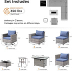 ovios 9 Pieces Patio Furniture Set, Outdoor Wicker Sectional Sofa with 42" Fire Pit Table Swivel Chair, Modern Modular Deep Seat Rattan Couch Conversation Sets, Denim Blue