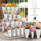 Flower Display Stand 4 Layers with 16 PCS Round Buckets, Plant Stand with Wheels, Movable Metal Plant Stand for Terrace Garden, Florist Shop