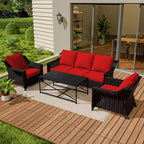 Vista Vibe 4 Pieces Outdoor Patio Conversation Furniture Set - 78" 3-seat Sofa | 2 Chairs | Metal Coffee Table, Deep Seat Loveseat, Removable Cushions, PE Rattan Couch, Lawn (Brown/Red)