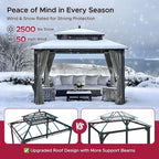 SUNJOY Kingston 12' x 10' Hardtop Gazebo with Galvanized Steel Double Roof, Curtain and Netting, Gray Aluminum Posts Permanent Pavilion Gazebo for Garden, Patio, Deck, Lawn