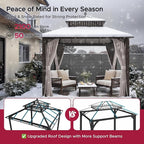 SUNJOY Kingston 10' x 10' Hardtop Gazebo with Galvanized Steel Double Roof, Curtain and Netting, Brown Aluminum Posts Permanent Pavilion Gazebo for Garden, Patio, Deck, Lawn