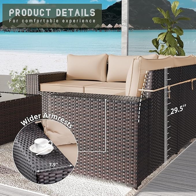 Outdoor Patio Furniture Set, 6 Pieces Outdoor Furniture All Weather Patio Sectional Sofa PE Wicker Modular Conversation Sets with Coffee Table,5 Chairs & Seat Clips Brown